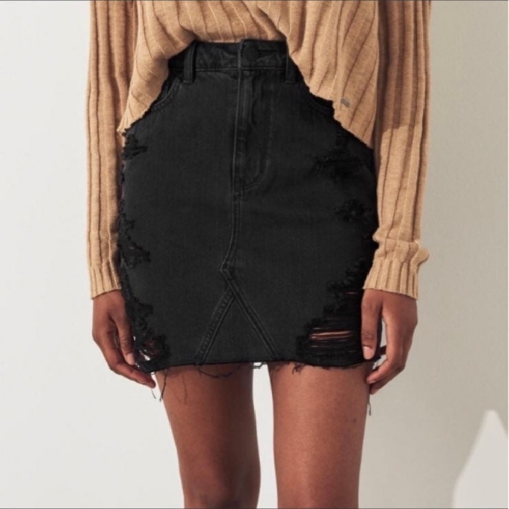 3/$15 Hollister ultra hi rise denim black jean skirt distressed frayed ripped